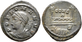 Commemorative Series, 330. AE (Bronze, 15 mm, 1.26 g, 6 h), Constantinopolis. POP ROMANVS Laureate and draped bust of the Genius Populi Romanus to lef...