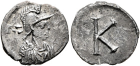 Anonymous, 6th century. Half Siliqua (?) (Silver, 14 mm, 0.90 g, 6 h), Constantinopolis. Helmeted, draped and cuirassed bust of Constantinopolis to ri...