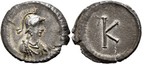 Anonymous, 6th century. Half Siliqua (Silver, 16 mm, 0.93 g, 12 h), Constantinopolis. Helmeted, draped and cuirassed bust of Constantinopolis to right...