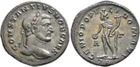 Constantius I, as Caesar, 293-305. Follis (Silvered bronze, 26 mm, 9.87 g, 6 h), Treveri, 296-297. CONSTANTIVS NOB CAES Laureate head of Constantius I...