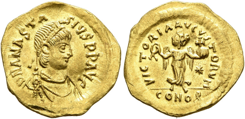 Anastasius I, 491-518. Tremissis (Gold, 15 mm, 1.46 g, 6 h), Constantinopolis. D...