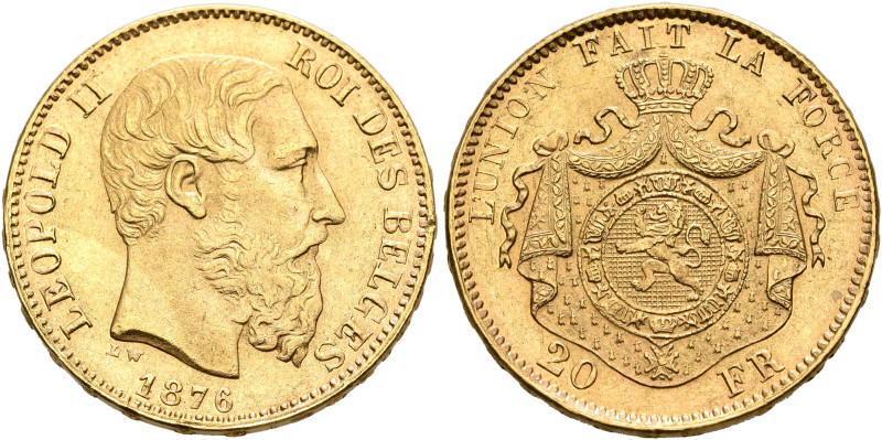 BELGIUM. Léopold II, 1865-1909. 20 Francs 1876 (Gold, 21 mm, 6.47 g, 6 h), Bruss...