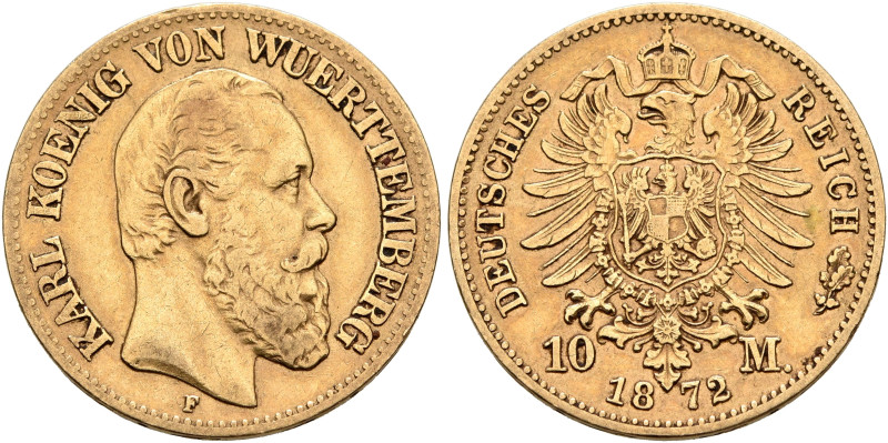 GERMANY. Württemberg, Königreich. Karl, 1864-1891, 1872. 10 Mark 1872 (Gold, 19 ...