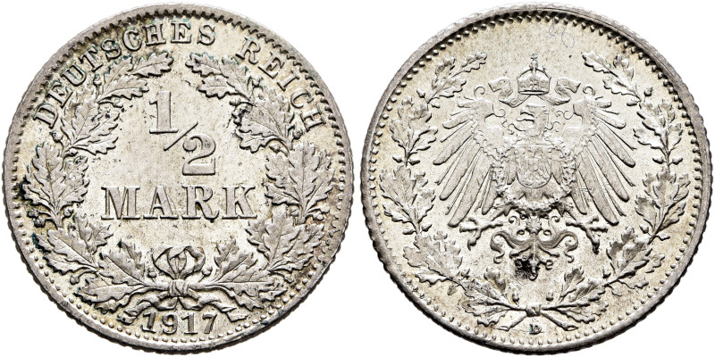 GERMANY. Kaiserreich. Wilhelm II, 1888-1918. 1/2 Mark 1917 (Silver, 19 mm, 2.78 ...