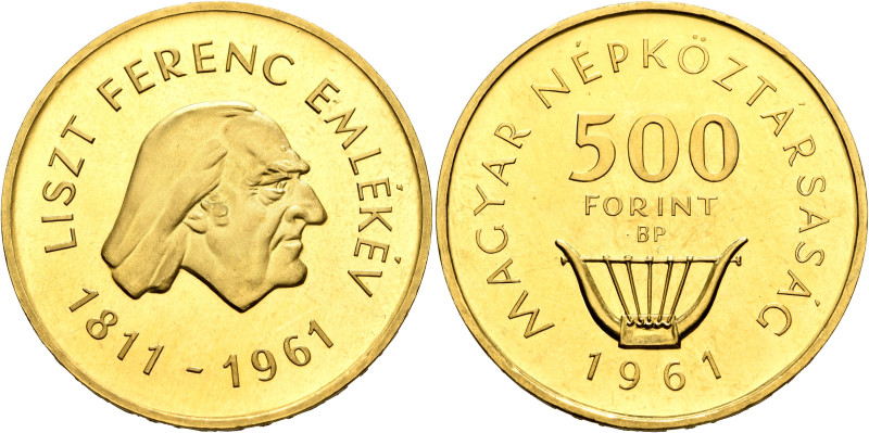 HUNGARY. Népköztársaság (People’s Republic), 1949-1989. 500 Forint 1961 (Gold, 4...