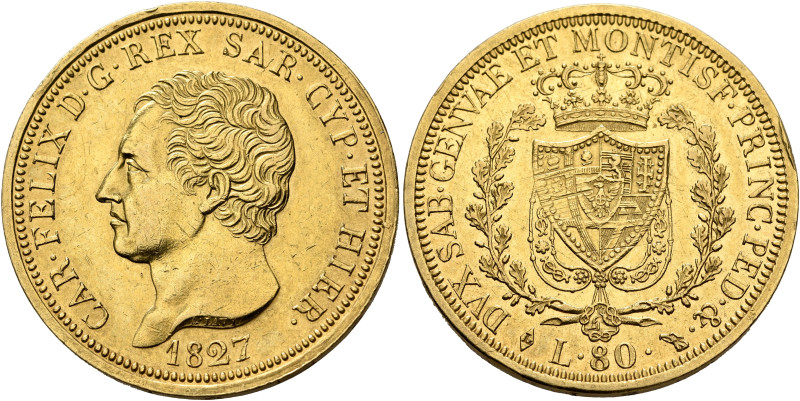 ITALY. Sardegna (Regno). Carlo Felice, 1821-1831. 80 Lire 1827 (Gold, 33 mm, 25....