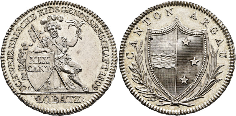 SWITZERLAND. Aargau, Kanton. 20 Batzen 1809 (Silver, 33 mm, 15.19 g, 6 h), Bern....