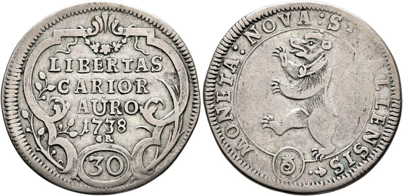 SWITZERLAND. St. Gallen, Stadt. 30 Kreuzer 1738 (Silver, 30 mm, 7.00 g, 12 h). M...