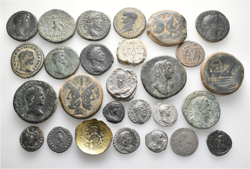 A lot containing 25 gold plated, silver and bronze coins and 2 lead seals. Inclu...