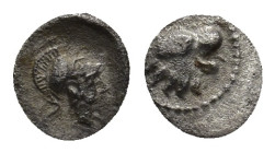 Pamphylia, Side. Ca. 3rd-2nd century B.C. AR Tetartemorion (5mm, 0.13 g). Helmeted head of Athena right. / Head of roaring lion right.