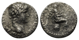 Nero AR Hemidrachm. (13mm, 1.14 g) Cappadocia, 58-60 AD. NERO CLAVD DIVI CLAVD F CAESAR AVG GERMANI, laureate bust right / Victory seated right on glo...