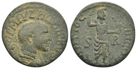 PISIDIA, Antiochia. Philip I. AD 244-249. Æ (24mm, 8.25 g). Radiate, draped, and cuirassed bust right / Mên standing right, holding scepter and crowni...