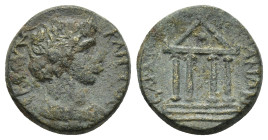 Lydia. Sardeis. Pseudo-autonomous issue AD 69-79. Bronze Æ (15mm, 3.26 g). IEPA CYNKΛHTOC, draped bust of Senat righ / [CAPΔI]ANΩN, tetrastyle temple....