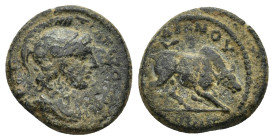 Caria. Trapezopolis. Pseudo-autonomous issue circa AD 138-193. Time of the Antonines. Ae. (15mm, 2.2 g) Helmeted, draped, and cuirassed bust of Athena...