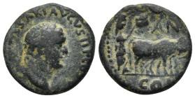 Pisidia, Antioch, Vespasian (69-79 AD) AE (6.6 Gr. 20mm.) 
Laureate head right. 
Rev. priest holding vexillum ploughing with two oxen, right.