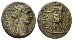 Phrygia, Aezanis. Tiberius. A.D. 14-37. AE (5.15 Gr. 18mm.) 
Bare head right 
Rev. Zeus standing left, holding eagle and scepter.