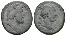 CYRENAICA, Cyrene. Marcus Aurelius. AD 161-180. AE (9 Gr. 23mm.).
 Head of Zeus Ammon right. 
Rev. Laureate head right