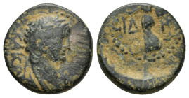 PAMPHYLIA, Side. Nero. AD 54-68. Æ (17mm, 4.58 g). Struck circa AD 55. Laureate and draped bust right / Athena advancing right, holding spear and shie...