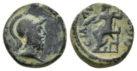 Pamphylia. Sillyon 200-0 BC. Bronze Æ (14mm, 2.74 g). Bearded and helmeted head of Ares right / CIΛΛΥΕΩΝ, Zeus seated right, holding sceptre and thund...