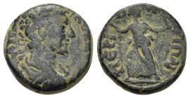 PAMPHYLIA, Perge. Marcus Aurelius. AD 161-180. Æ (17mm, 6.84 g). Laureate and draped bust right, seen from behind / Artemis advancing left, head right...