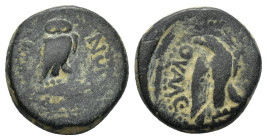 PHRYGIA. Synnada. Pseudo-autonomous. Time of Tiberius (14-37). Ae. (15mm, 4.12 g) Krassos, magistrate. Obv: CVΝΝΑΔЄΩΝ. Owl, with head facing, standing...