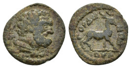 Pseudo-autonomous. Ae. (14mm, 1.27 g) Obv: Bearded and bare head of Herakles right. Rev: Stag standing right