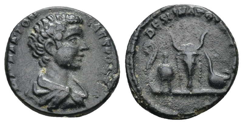 Caracalla, as Caesar, AR Denarius. Rome, AD 196-198. (2.64 Gr. 16mm.)
Draped bus...