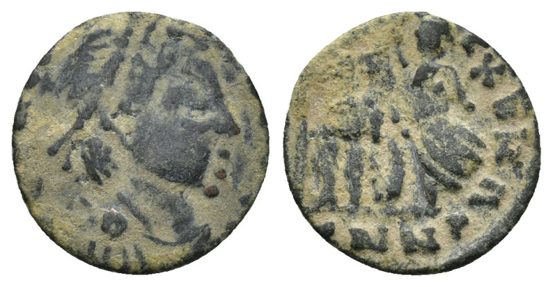 Diademed and draped bust right. Rev: VIRTVS EXERCITI, Emperor standing left, hol...