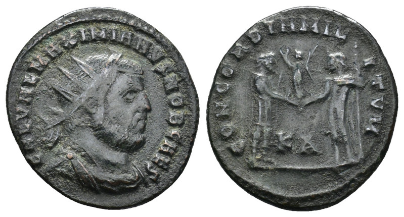 Maximianus Æ Antoninianus. (21mm, 2.7 g) Cyzicus, AD 296. Radiate, draped, and c...