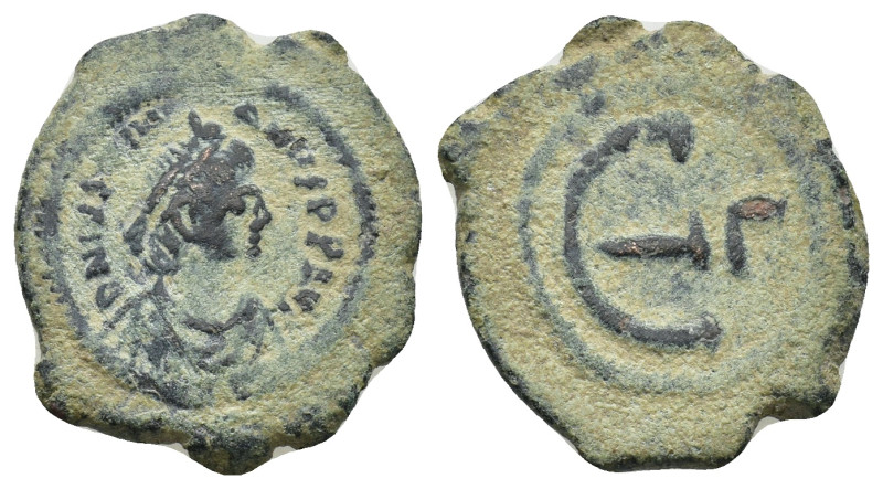 Justinian I (527-565). AE 5 Nummi. (2.93 Gr. 19mm.) Theoupolis (Antioch). 
Diade...