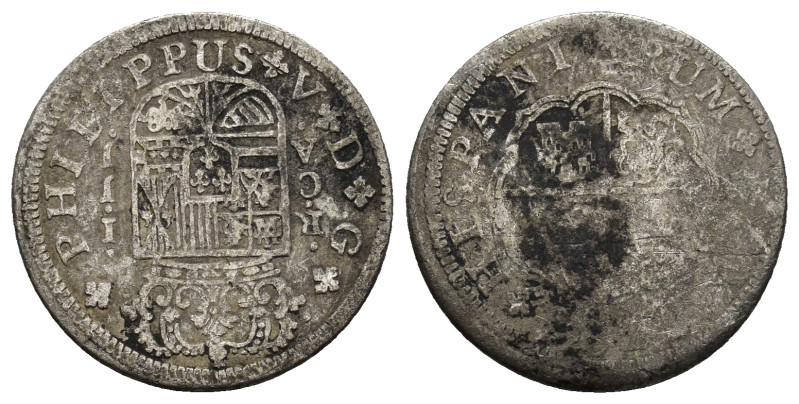 SPAIN: Philip V, 1700-1746, AR 2 reales, Seville, 1734 PA (20mm, 2.63 g)