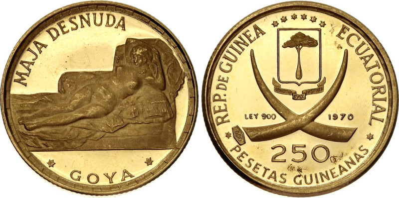 KM# 20.1, N# 112233; Gold (0.900) 3.52 g., 18 mm., Proof; Goya's La Maja Desnuda...