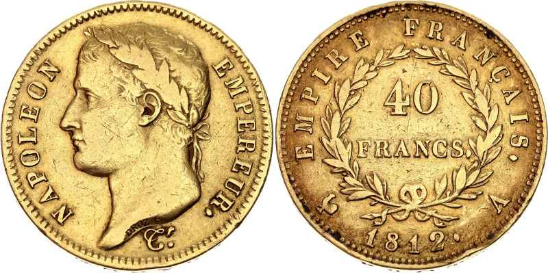 KM# 696.1, N# 8248; Gold (0.900) 12.90 g., 26 mm.; Napoleon I; Paris Mint; XF+...