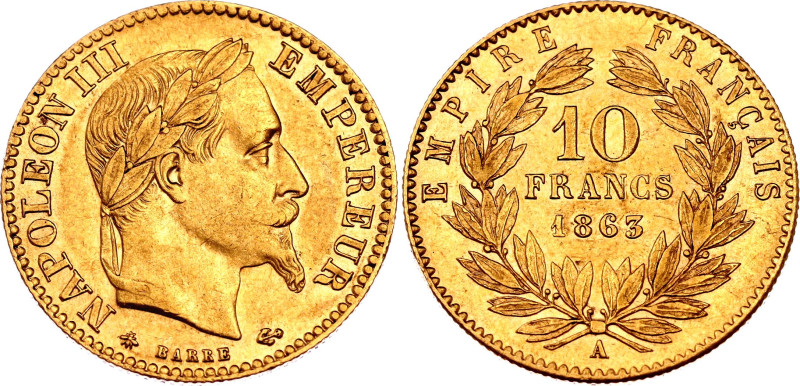 KM# 800.1, N# 6929; Gold (0.900) 3.23 g., 19 mm.; Napoleon III; Paris Mint; Mint...