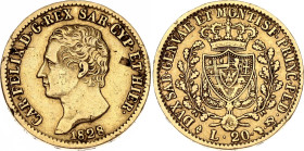 Italian States Sardinia 20 Lire 1828 L Planchet Flaw Error