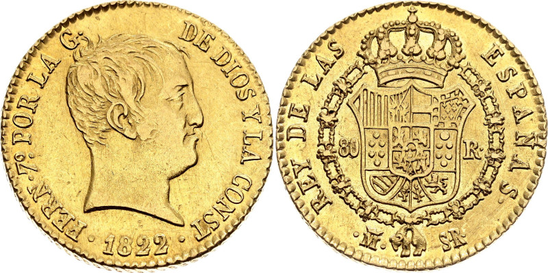 KM# 564, N# 55586; Gold (0.875) 6.7 g., 23 mm.; Ferdinand VII; XF