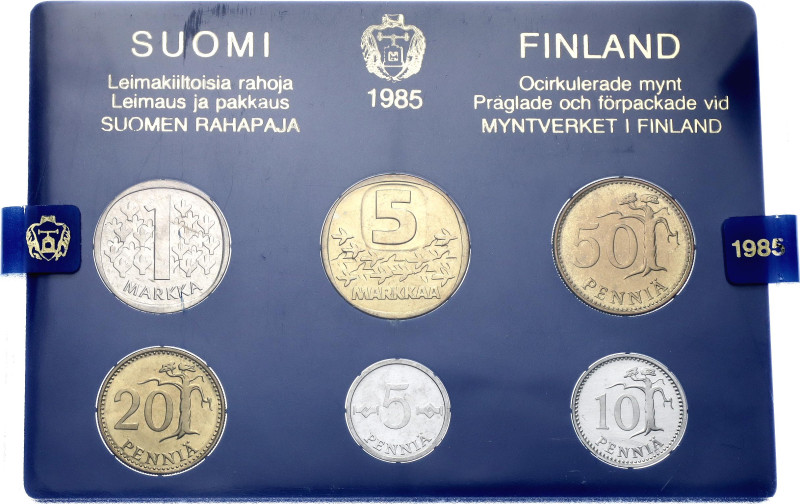 5 - 10 - 20 - 50 Pennia - 1 - 5 Markkaa 1985; With original package; BUNC