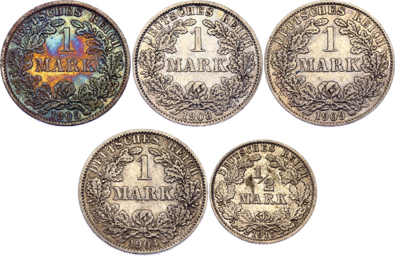 KM# 14, 17; Silver; Wilhelm II; 1/2 Mark 1905, 1 Mark 1904, 1905, 1908, 1909