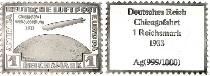 Silver (.999) 11.17 g., Proof; Rare Postage Stamp in Silver, 1 Reichsmark 1933