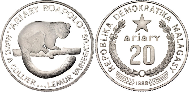 KM# 15, N# 35933; Silver, Proof; World Wildlife Fund - Lemur; Mintage 25000 pcs....