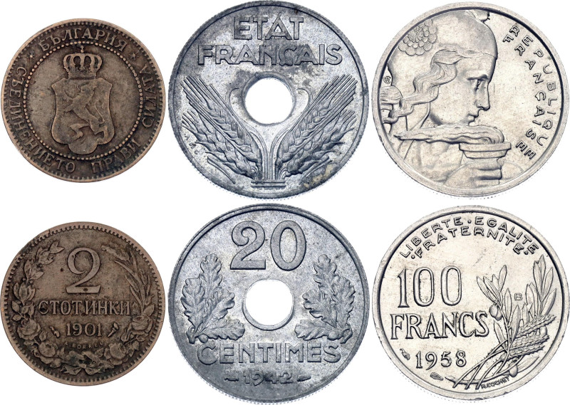 Various Compositions; 2 Stotinki 1901 Heaton & 20 Centimes 1942 & 100 Francs 195...