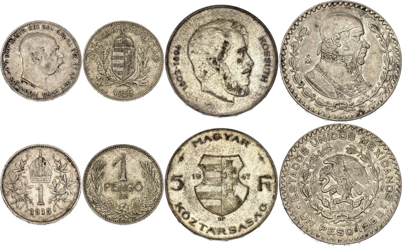 Silver; 1 Corona 1915, 1 Pengo 1939, 5 Forint 1947, 1 Peso 1958