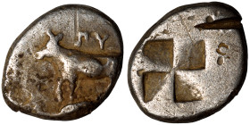 THRACE. Byzantion. Circa 387/6-340 BC. Drachm (silver, 5.23 g, 18 mm). Bull standing left on dolphin left, raising foreleg. Rev. Granulated quadripart...