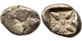 IONIA. Miletos circa 525-475 BC. Diobol (silver, 1.14 g, 10 mm). Forepart of roaring lion to right. Rev. Stellate pattern within incuse square. Fine.