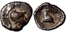 ASIA MINOR. Uncertain. Circa 4-5th century BC. Obol (silver, 0.50 g, 8 mm). Helmeted head of Athena right. Rev. Horse head right, monogram to right. N...