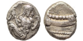 PHOENICIA. Arados. Uncertain king. Circa 440-420 BC. Third Shekel (silver, 3.38 g, 13 mm). Ba'al-Arwad right, holding dolphin in each hand. Rev. Galle...