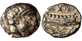 PHOENICIA. Arados. Uncertain king. Circa 400-384 BC. Third Shekel (silver, 3.16 g, 15 mm). Laureate head of Ba'al-Arwad right. Rev. Galley right, abov...
