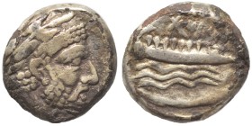 PHOENICIA. Arados. Uncertain king. Circa 400-384 BC. Third Shekel (silver, 2.96 g, 13 mm). Laureate head of Ba'al-Arwad right. Rev. Galley right, abov...