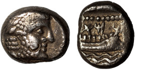 PHOENICIA. Arados. Uncertain king. Circa 400-384 BC. Third Shekel (silver, 3.30 g, 12 mm). Laureate head of Ba'al-Arwad right. Rev. Galley right, abov...