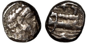 PHOENICIA. Arados. Uncertain king. Circa 400-384 BC. Third Shekel (silver, 2.82 g, 12 mm). Laureate head of Ba'al-Arwad right. Rev. Galley right, abov...